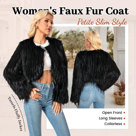 Women Plus Size Faux Fur Cropped Fuzzy Jacket Fluffy Fall Winter Coat Black - Picture 4 of 5